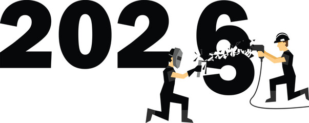 2026 Construction Workers Vector Illustration Future Year Design. New Year