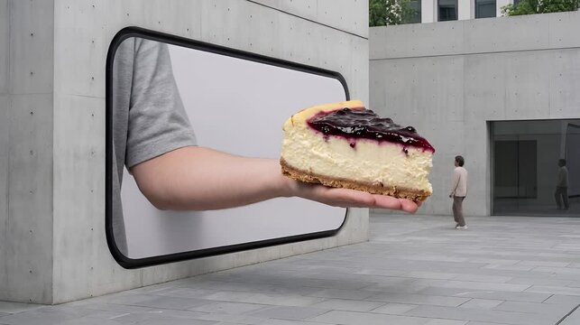 Minimalist urban plaza featuring a surreal, curved-edge 3D anamorphic billboard of a fresh cream dessert slice, seamlessly integrated into the modern concrete and glass architecture, blending art and 