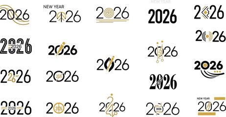  Modern elegant 2026 New Year logo collection, abstract golden black numeric typography emblem designs, minimalist festive branding templates for celebration merchandise and corporate identity © Fazlul