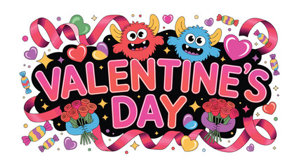 Obraz premium Valentine's Day Delight: A vibrant illustration showcasing cheerful monster characters, hearts, and candies. conveying love and happiness. 