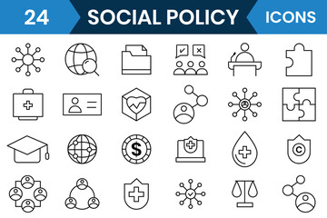 Fototapeta premium Social policy line icons. Set of 24 outline icons related to Social Policy and Insurance line icons. Containing education, services, welfare, health care, reform, legislation, society icons and more.