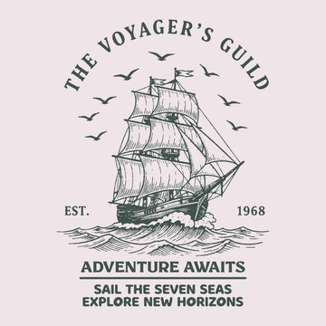 Nautical design. sketch sail graphic design. Can be used as t shirt printing design.  sailing world Ocean Slogan design for t-shirt print, for graphic t-shirt or sweatshirt hoodie, poster, sticker, 
