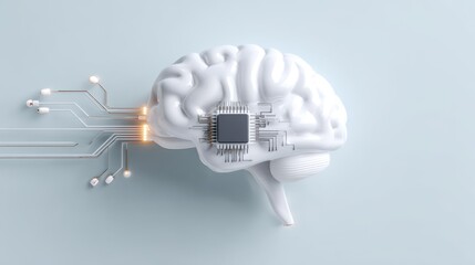 3D illustration of a human brain with integrated microchip and circuit connections, symbolizing the fusion of technology and intelligence