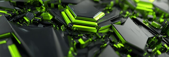 Mockup with interlocking futuristic parts in neon green and dark steel base