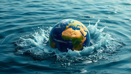 A symbolic representation of Earth emerging from water with splashes, highlighting environmental themes and global nature. High quality