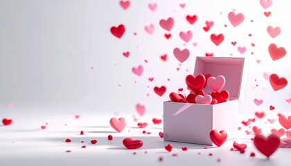 Open pink box with floating hearts, romantic valentine's day concept