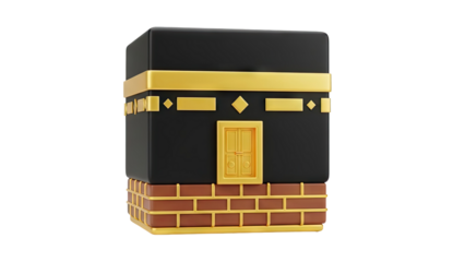3D illustration of the Kaaba with gold accents on transparent background