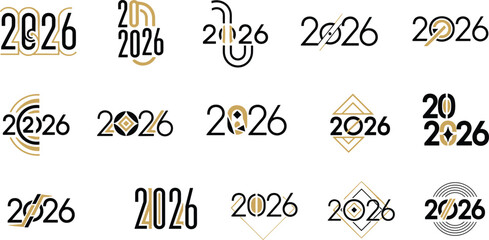  Modern geometric “2026” logo collection, abstract numeric typography emblem set, minimalist vector branding designs for graduation, anniversary, milestone year merch and print © Fazlul