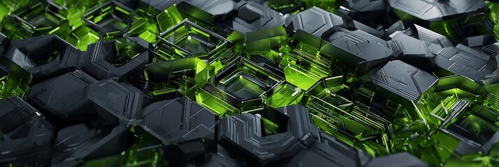 Mockup with interlocking futuristic parts in neon green and dark steel base
