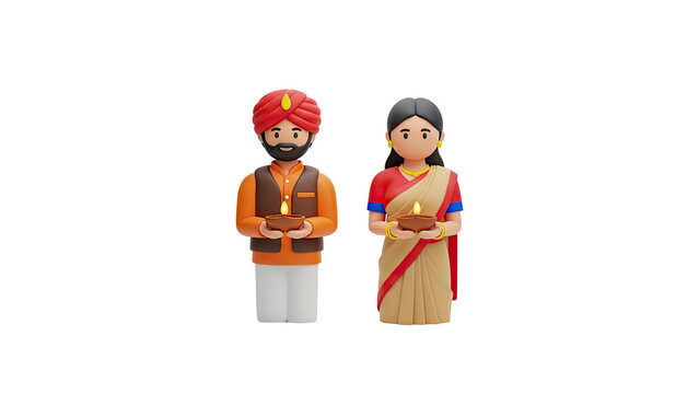 3D Indian Couple Holding Diya Lamps on transparent background