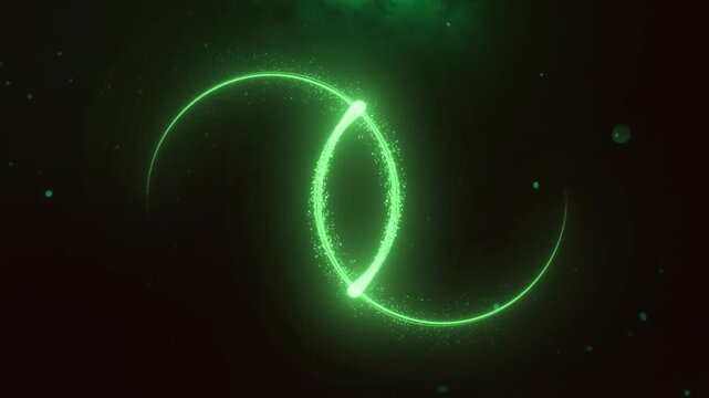 Bright green glowing light trails forming a swirling infinity loop against a dark mysterious particle background creating abstract energy