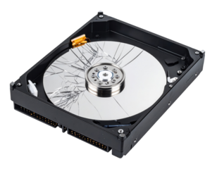 A damaged hard drive with a cracked disk platter, showcasing internal components and a metallic surface.