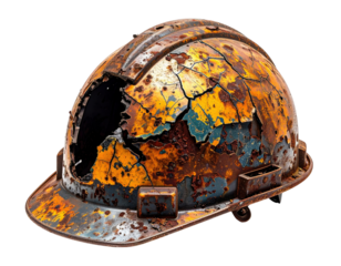 A weathered construction helmet displaying vibrant colors and significant wear, symbolizing the passage of time and durability in industrial settings.