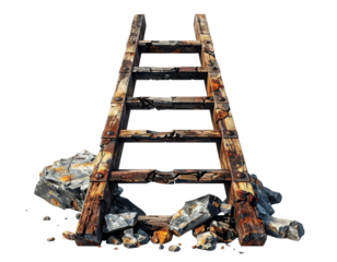 A rugged wooden ladder rests atop scattered rocks, showcasing weathered wood and metal elements.