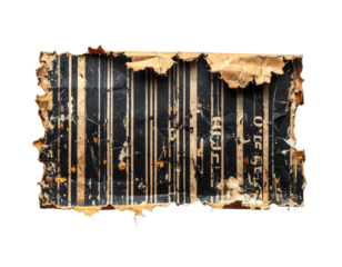 A weathered, torn surface featuring vertical lines and faded text, showcasing an aged, distressed appearance with a mix of textures.