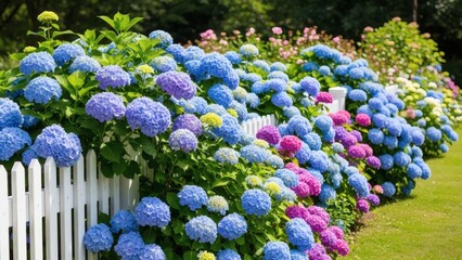 Hydrangea Heaven Blue with pink, and purple blooms by white picket fence.