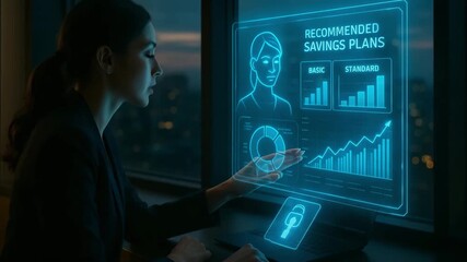 Woman Analyzing Recommended Savings Plans on Futuristic Holographic Financial Interface, AI-Driven Investment Strategy and Smart Money Management Technology - Powered by Adobe