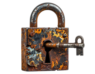 A weathered padlock with a key inserted, showcasing rust and wear, symbolizing security and secrecy.