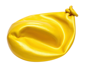 A vibrant yellow balloon with a smooth, glossy surface, appearing slightly deflated and crumpled.