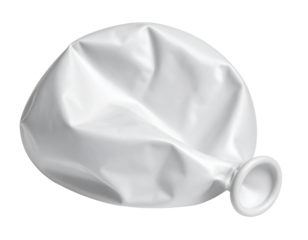 A crumpled, deflated white balloon with a rounded end, showcasing its wrinkled texture and soft appearance.