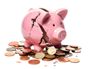 A cracked pink piggy bank surrounded by scattered coins symbolizes financial loss and savings depletion.