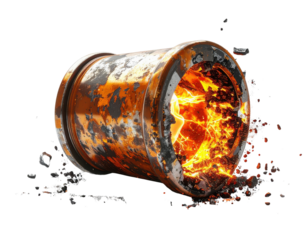 A rusty barrel explodes, revealing bright flames and debris, creating a striking visual effect.