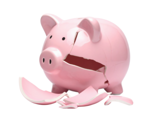 A broken pink piggy bank with pieces scattered around, symbolizing lost savings or financial distress.