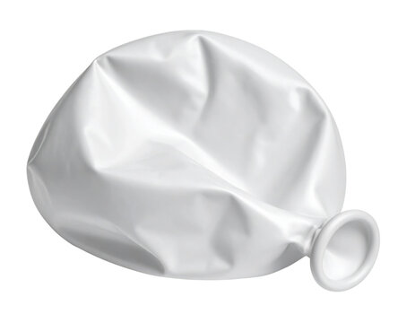A crumpled, deflated white balloon with a rounded end, showcasing its wrinkled texture and soft appearance.