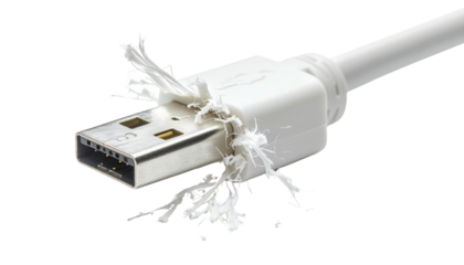 A close-up view of a frayed USB cable connector, showcasing exposed wires and wear.