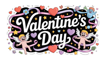 Obraz premium Valentine's Day Celebration Illustration: A whimsical illustration captures the essence of love, adorned with hearts, cherubic figures, and a festive atmosphere.