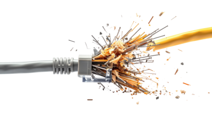 A close-up of a damaged electrical connector with wires splintering and debris scattering, showcasing the impact of a malfunction.