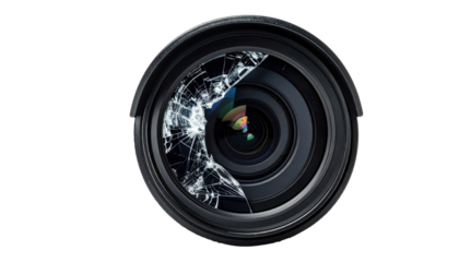 A close-up of a cracked camera lens, showcasing the shattered glass and intricate inner components of the lens.