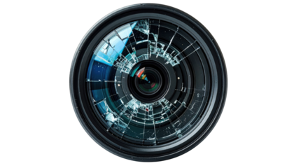 A detailed camera lens featuring a cracked glass surface, showcasing intricate reflections and a multi-colored center.