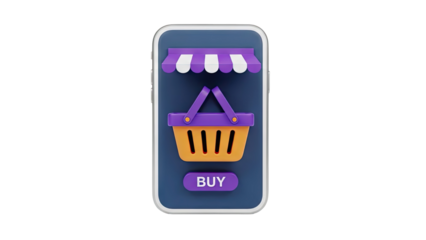 3D Shopping Cart on Smartphone Screen with Buy Button on transparent background