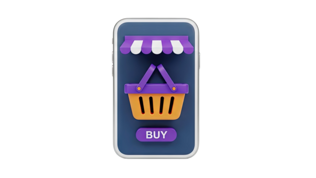 3D Shopping Cart on Smartphone Screen with Buy Button on transparent background - Powered by Adobe