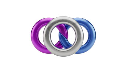 3D Three interlocking rings with metallic finish on transparent background
