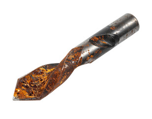 A close-up of a rusty drill bit showcasing intricate patterns and textures on its surface.