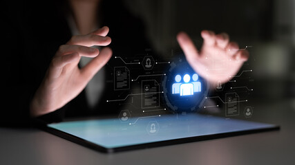 Concept of a digital human resources platform for workforce management. An applicant tracking system helps in team building by organizing employee and candidate profiles. Fermion