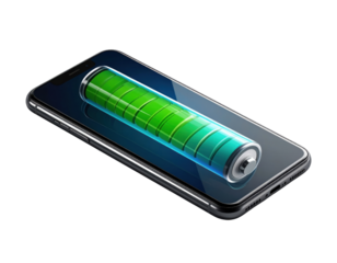 A smartphone displays a fully charged battery icon, showcasing energy levels in vibrant green.