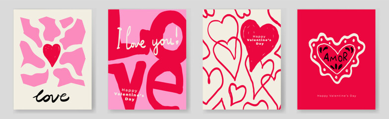 Creative concept of Happy Valentines Day cards set. Modern abstract art design with hearts shapes and typography design.  © Andrey