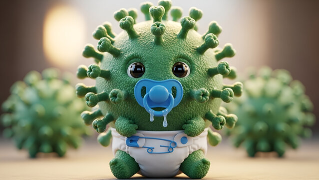 Cute baby virus with pacifier and diaper, symbolizing the spread of disease in a humorous and relatable way