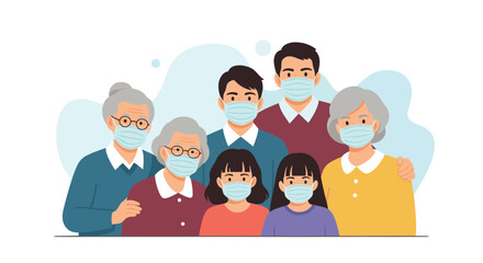 Fototapeta premium A multi-generational family portrait featuring grandparents, parents, and children, all wearing blue protective face masks.