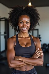 African American Personal Trainer Portrait, gym background, crossed arms