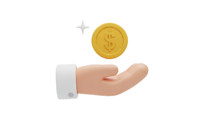 3D Hand Offering Golden Dollar Coin with Sparkle on transparent background