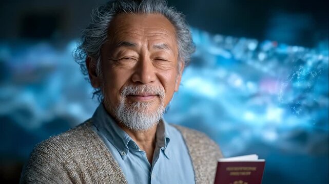 Senior Man Smiles While Holding a Passport Against a Glowing Background During a Quiet Moment of Reflection