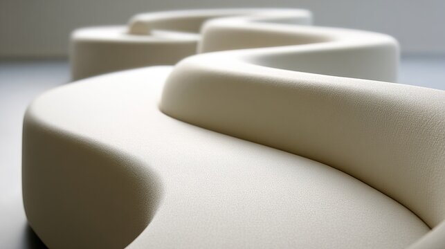 contrapositive. A minimalist, flowing arc of upholstered seating on a blurred neutral background. real-estate listings.