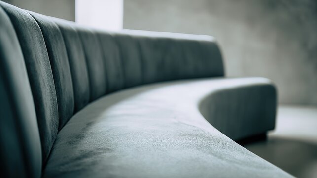 contrapositive. A minimalist, flowing arc of upholstered seating on a blurred neutral background. real-estate listings.