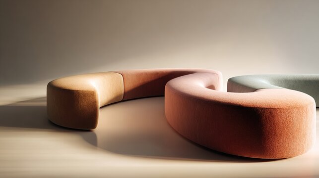 contrapositive. A minimalist, flowing arc of upholstered seating on a blurred neutral background. real-estate listings.
