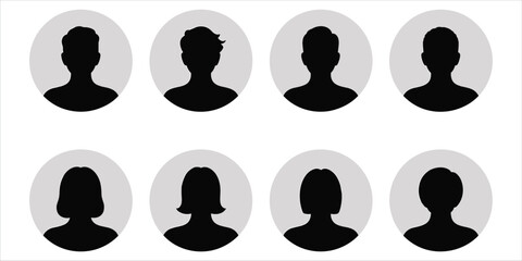 Set of Eight Circular Profile Avatar Icons with Silhouettes Keywords: avatar, profile, icon, silhouette, user, person, man