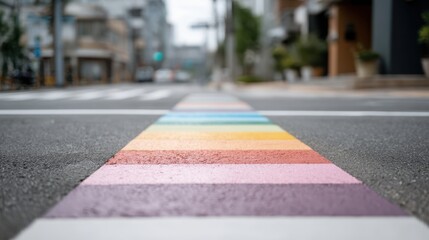 Rainbow-painted crosswalk in a city street, showcasing vibrant colors and symbolizing inclusivity and community pride with copy space